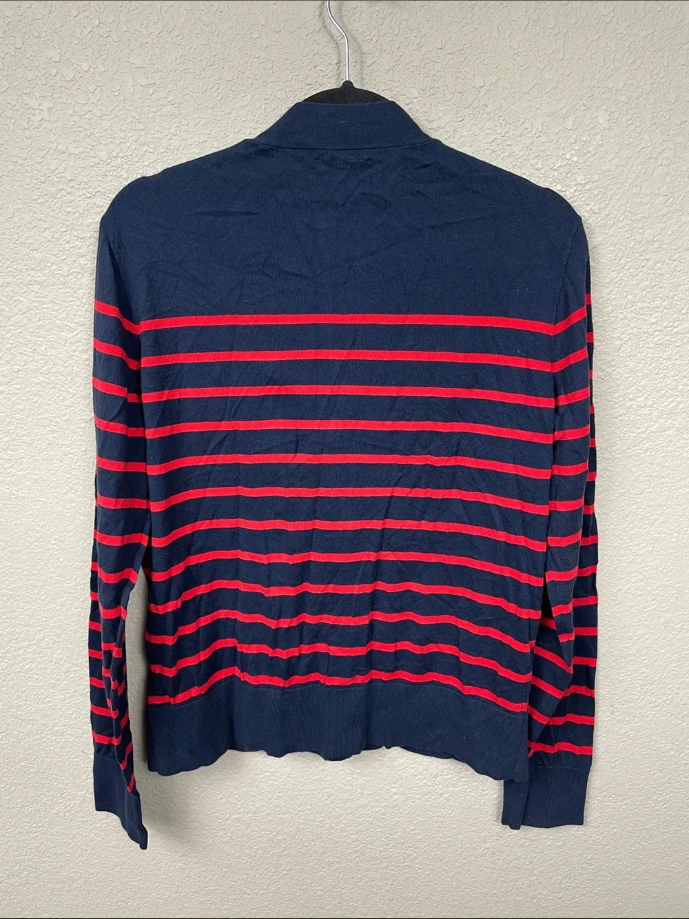 J Crew Cotton Red Navy Patriotic Stripe V Neck Cardigan Sweater Sz XL